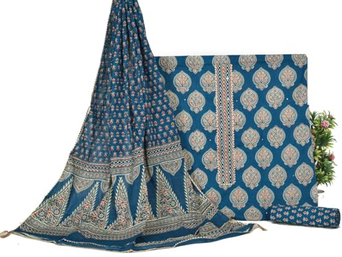 Image of Unstitched Cotton Suit Set with Printed Dupatta - Red & Mint