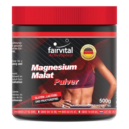 Fairvital Active Sports | Polvo de malato de magnesio - 500g - con 1125 mg de magnesio por dosis diaria - calidad probada y dosis alta - 100% vegano - Fabricado en Alemania