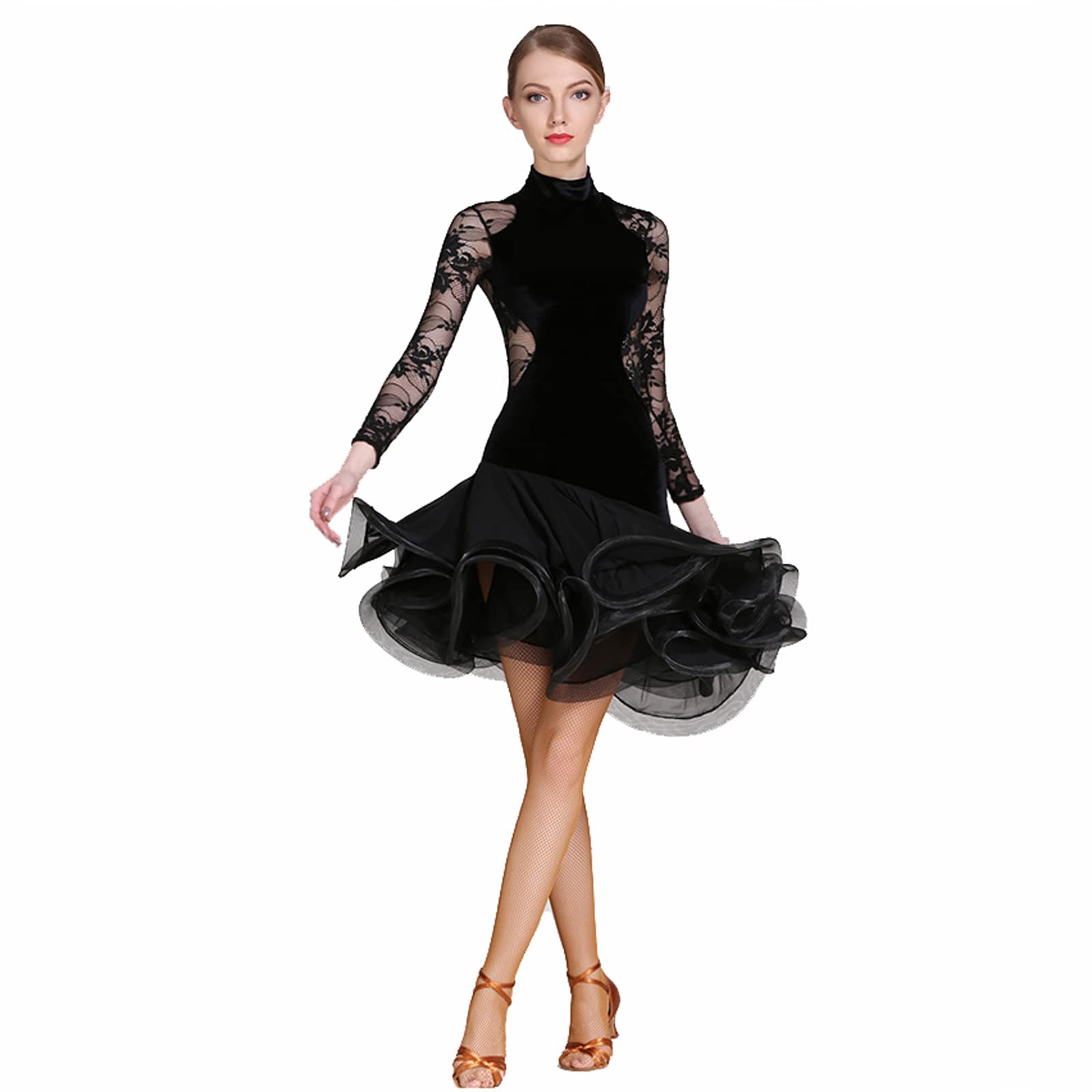 Latin Tanzkleider Damen Standard Ballsaal Tanzen Kleider Langarm Modern Waltz Tango Dance Outfit Wettkampfkleid Salsa Kleid