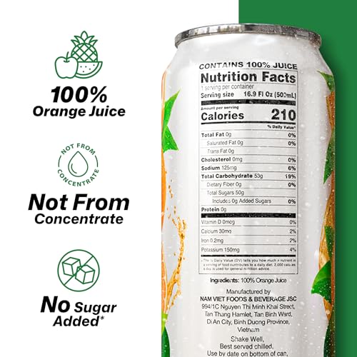 Image of VINUT 100% Orange Juice, No Added Sugar, Never From Concentrate, 16.9 fl oz (500 mL) Can, Pack of 12
