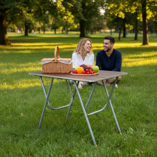 Image of Wooden Folding Table 24 x 36 Inch, Brown Wood Finish | Portable Multipurpose, Strong Metal Legs, Study, Dining, Laptop, Office, Picnic & Outdoor Use, Space Saving