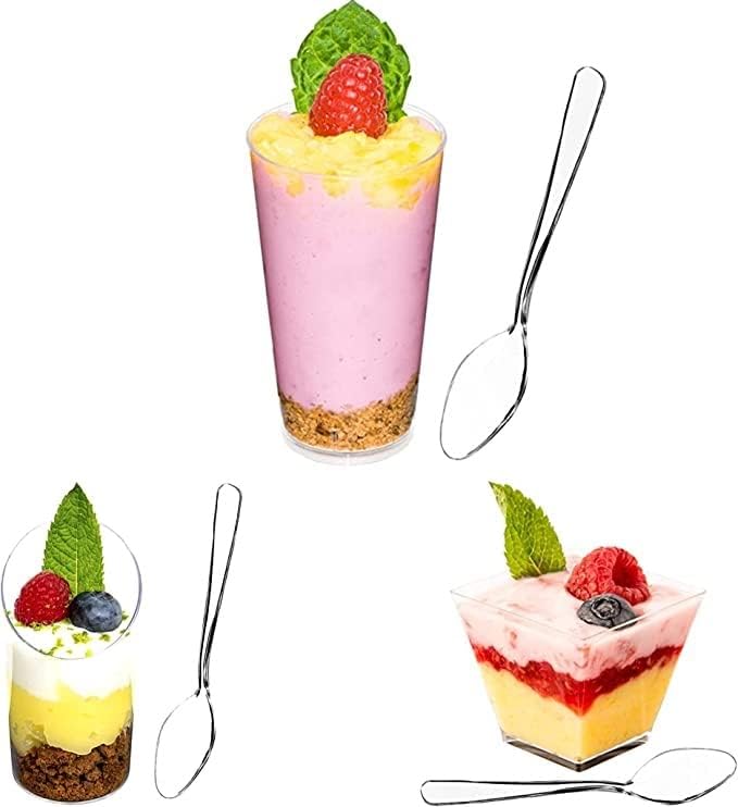DLux Mini Dessert Cups with Spoons, Round + Square Mini + Square Mini - Pack of 50 - Size (3oz + 2.5oz + 2oz) - Small Reusable Shot Glass for Tasting Party Desserts Appetizers - With Recipe Ebook