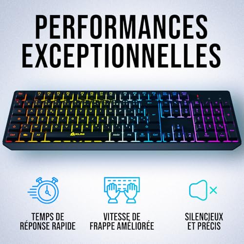 KLIM Chroma – Clavier sans Fil Gaming AZERTY FR, Rétroéclairage RGB, Silencieux & Ergonomique, Batterie Intégrée Longue Durée, Résistant aux Éclaboussures – USB 2,4 GHz pour PC/Mac/PS4/PS5 – Noir