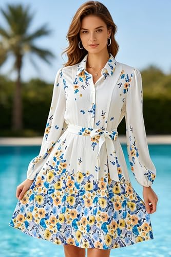 Image of Women Long Sleeve Spring Button Down A-Line Floral Print Summer Cocktail Shirt Dresses with Belt