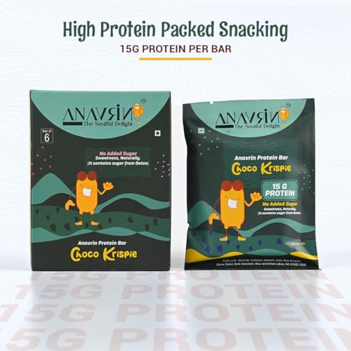 Image of ANAVRIN Choco Krispie Protein Bar - 15g Protein, 4g Fibre in each Bar (6 Bars x 50gm) Goodness of Dates, No Added Sugar, No Soy, No Preservatives High Protein Energy Bar, Healthy Snack