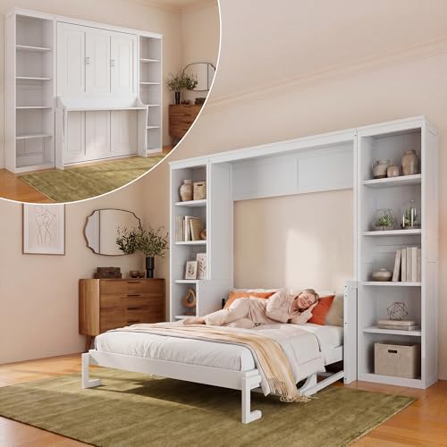 Olela Murphy Bed Queen Size with Small Desk and Bookcase, Vertical Murphy Wall Bed Cabinet Desk and Bookshelf Storage Combo, Space Saving Hideaway Beds for Home Office Guest Room, White