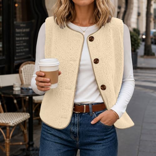 Womens Sherpa Fleece Vest Button Front Crew Neck Trim Casual Fall Layering - image 7