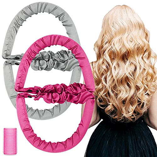 2 Pieces Heatless Curls You Can Sleep in Overnight with a Self Grip Roller, No Heat Curls Headband Silk Ribbon Curler Soft Foam Curlers Hair Rollers for Long Short Hair (Grey, Rose Red)