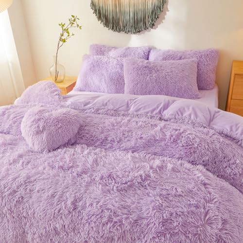 Faux Fur Fluffy Lavender Comforter Cover King Set – Plush Faux Fur Lavender Bedding 3-Piece Set (1 Duvet Cover + 2 Furry Pillow Shams) Cozy Bed Set