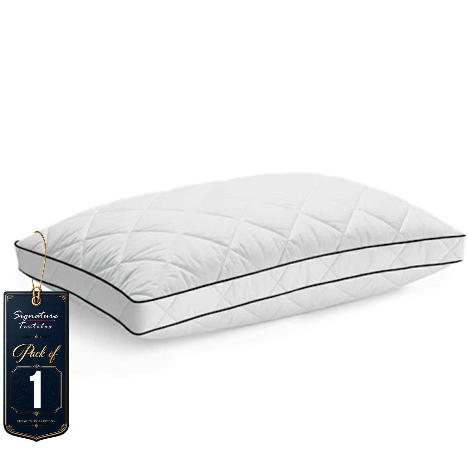 Pack of 1 Quilted Box Premium Hotel Quality Pillow Luxuriously Soft Hollow-fiber Filled Small Square Bedside Sleeper Pillow Standard Size Firm Comfortable Hypoallergenic Breathable with Black Piping