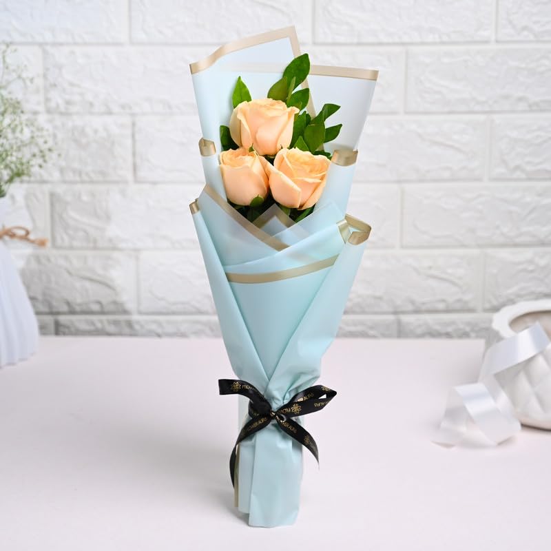 Image of FlowerAura Premium Fresh Live Flower Bouquet of 3 Peach Roses In Designer Paper Gift For Birthday | Anniversary | Love | Home Decor | Fathers Day Gift For Dad (Same Day Delivery)
