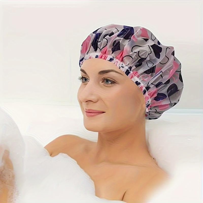 Shower Cap Set, 5 Piece Thickened Elastic Reusable Printed Design, Adjustable Bathroom Accessories image 2