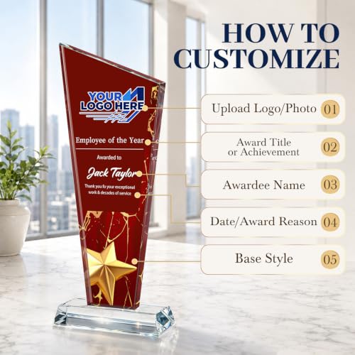 Image of Custom Crystal Trophy Award Personalized Plaque Award with Text Logo Photo Awards Trophies for Employee Recognition Team Graduation Personalized Office Gifts for Boss Coworker Teacher