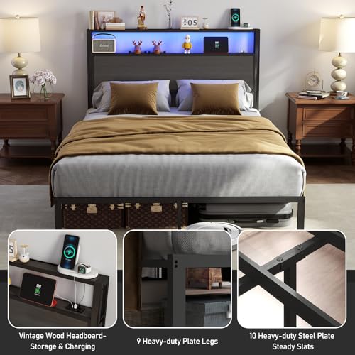 Image of Queen Size Bed Frame with Headboard, Metal Platform Bed Frame with LED Lights & Charging Station, Under Bed Storage, Solid and Stable, No Box Spring Needed, Noise Free, Easy Assembly, Dark Grey