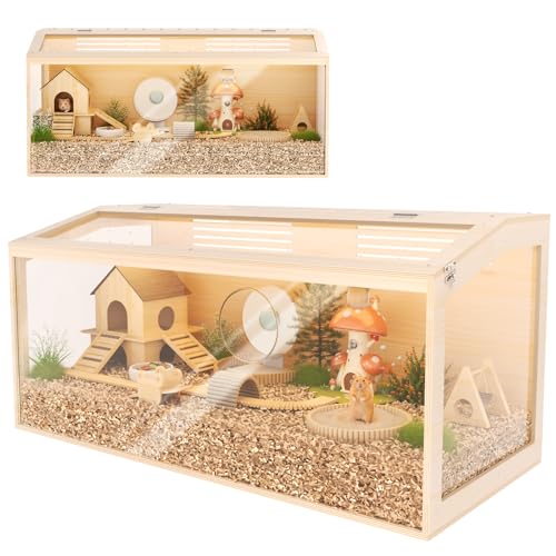 Chuiendi Wooden Hamster Cage 40inch Large Hamster Cage Enclosure with Openable Top & Thickened Acrylic for Small Animals Guinea Pig Rabbit Rat 40L x 20W x 20H Hamster Habitat with Multi-vent