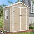 SELLERWE 6x3 FT Resin Storage Shed, Waterproof Outdoor Storage Shed with Floor, Window, Double Lockable Doors & 2 Vents, Tool Shed for Patio Garden, Lawn, Backyard, Light Brown