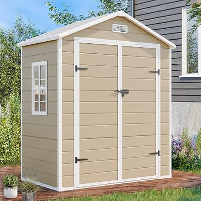 SELLERWE 6x3 FT Resin Storage Shed, Waterproof Outdoor Storage Shed with Floor, Window, Double Lockable Doors & 2 Vents, Tool Shed for Patio Garden, Lawn, Backyard, Light Brown