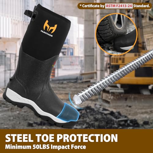 Rubber Work Boots for Men with Steel Toe, 400g Insulated, 1100N Puncture-Proof Hunting Boots with 7mm Neoprene Waterproof and EVA Midsole, Back Gusset, Ideal for Work,Farming Fishing Size 7-142