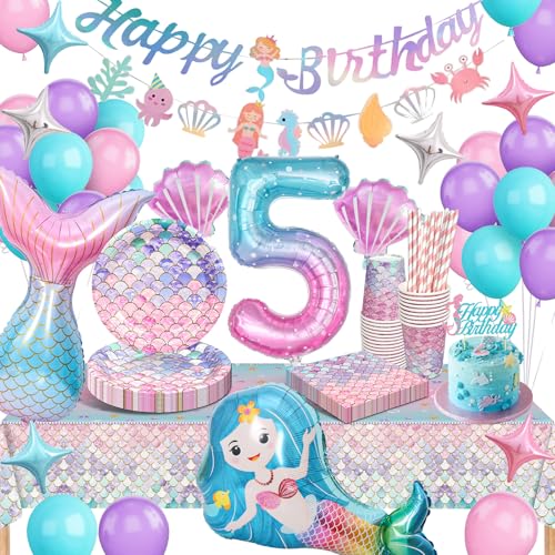 Sirena Louça e Decoração de Aniversário 5 Anos, Kit com Balões para Menina - 16 Convidados