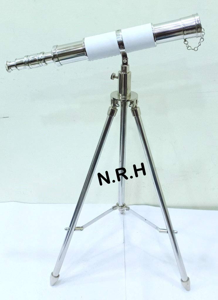 Telescopio de cristal espía con acabado cromado y cuero blanco de un solo barril en trípode de mesa