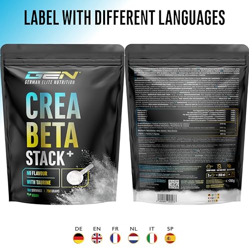 Creatin Beta Alanin Stack - 750g Pulver - Creatin Monohydrat + Beta Alanin + L-Taurin - Hochwertiges Mikronisiertes Kreatin - optimal hochdosiert, vegan
