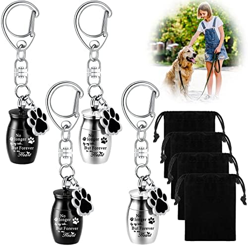 4 Pcs Pet Urns Keychain Pet Ashes Keychain Dog Ash Keychain Dogs Ashes Keepsake Pet Cremation Jewelry Stainless Steel Dog Paw Charm Ashes Holder with 4 Storage Bags for Dogs Cats Memorial