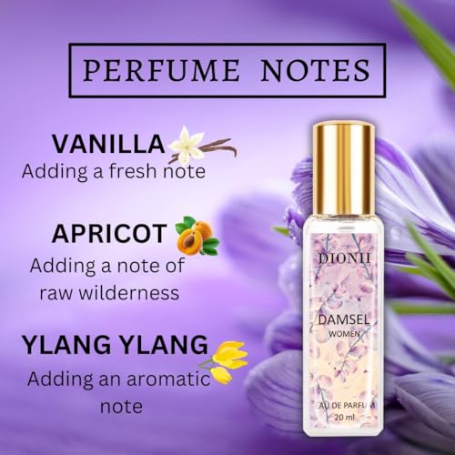 Image of Dionii DAMSEL Womens Eau De Parfum Perfume | Long Lasting Vanilla Fragrance With Apricot & Ylang Ylang, 20 ML