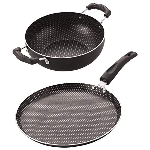 Image of Nirlon Polka-Dot Non Induction Base Non Stick Aluminium 2 Piece Pots and Pan Set [Flat Dosa Tawa 26cm + Deep Kadhai 22cm - 1.8 Liter]