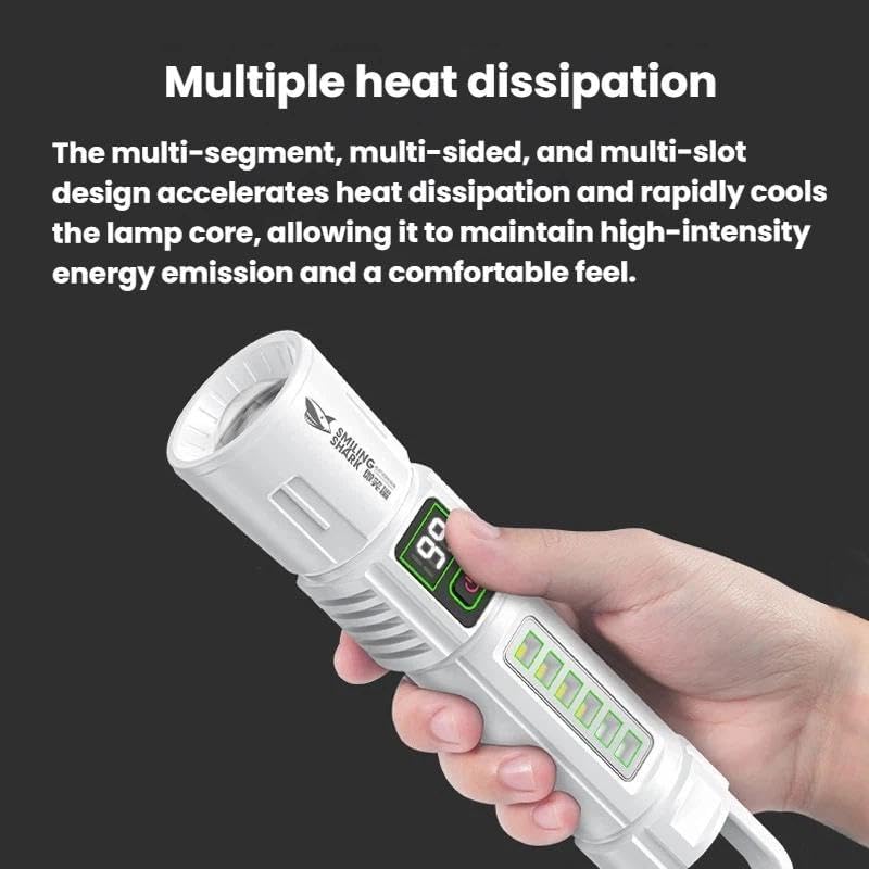 Image of Portable Zoomable Flashlight with HookRechargeable LED Flashlight with Digital Battery Display - USB Charging Emergency Torch Light - Portable Outdoor Camping (Pack of 1)