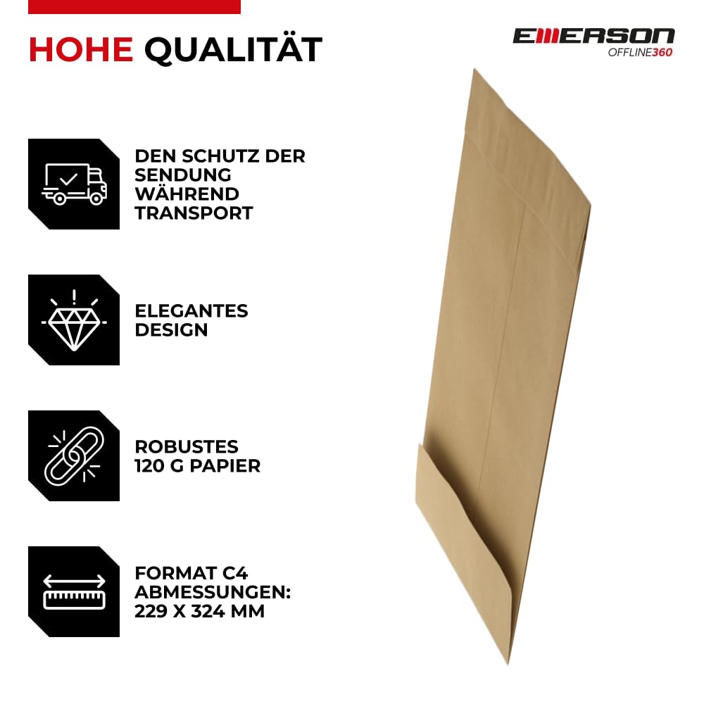 Emerson 250x Versandtasche DIN C4 Braun 324x230x40 120g RBD große Briefumschläge ohne Fenster gerade Klappe Haftklebung Umschläge Maxibrief A4 Briefkuverts Großbrief Kuverts envelope big