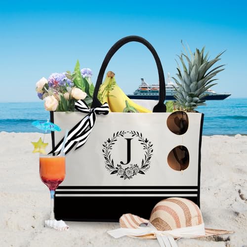 Image of Personalized Initial Canvas Tote Bags, Monogrammed Tote Bag Gifts for Women Teacher Friend for Birthday Wedding