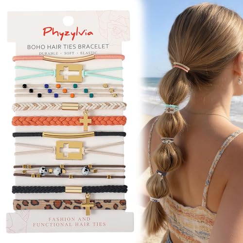 Phyzylvia 10 PCS Boho Hair Ties Bracelet for Women - 5 Styles Soft Braided Nylon Elastic Hair Bands No Damage Ponytail Holders - Cute Hair Accessories for Thick Thin Curly Hair with Gift Box
