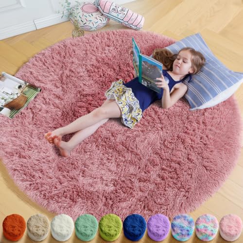 Image of Amdrebio Blush Pink Circle Furry Area Rug 5Ft for Girls Bedroom Kids Room | Circular Round, Fluffy Shag Fuzzy Plush Carpet, Baby Nursery Dorm Classroom Playroom Decor, Dusty Rose Mauve Color, Cutecore
