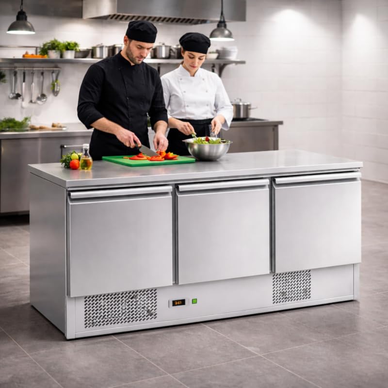 Générique Tavolo refrigerato professionale a 3 ante in acciaio inox 1365 mm - 368 L - GN 1/1 - R290