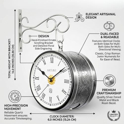 Image of Handcrafted Double Side Metal Analog Vintage Wall Clock | 1.5 Year Machine Warranty | 6 INCHES | 1 Side Number 1 Side Roman,Color Silver
