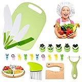 Exsivemy Plastik Kindermesser Set,23 Stück Kinder Küchenmesser Set,Gezähnt Sicherheit Kinder Messer Inklusive Holzmesser Schneidebrett,Schäler,Gabel und Schimmel für Kinder ab 3 jahre (Grün)