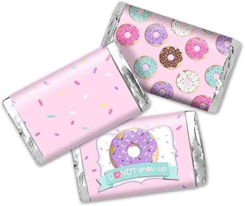 AmandaCreation - Mini calcomanías de barra de caramelo de chocolate con temática de Donut Grow Up para niñas, 45 etiquetas envolventes de 1.4 x 2.6
