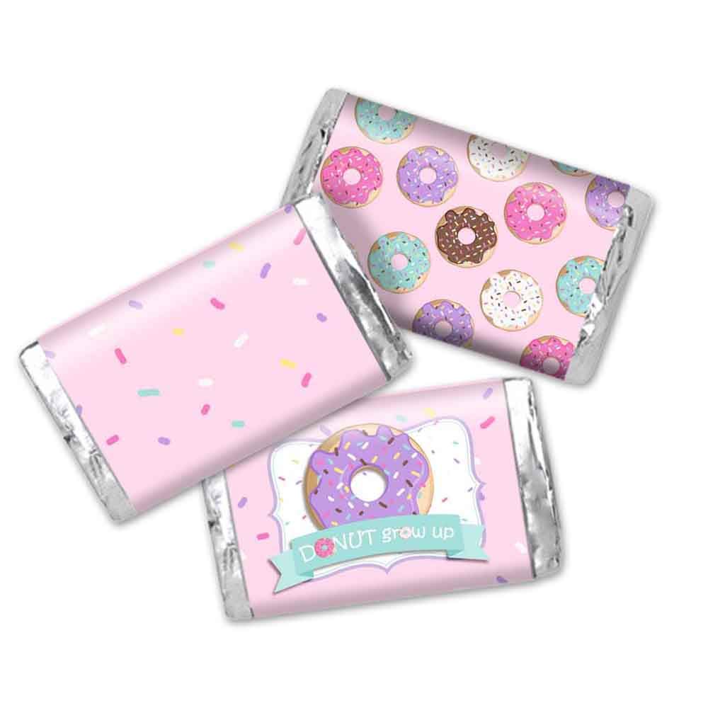 Donut Grow Up Themed Birthday Party Mini Chocolate Candy Bar Sticker Wrappers for Girls, 45 1.4" x 2.6" Wrap Around Labels by AmandaCreation, Great for Party Favors