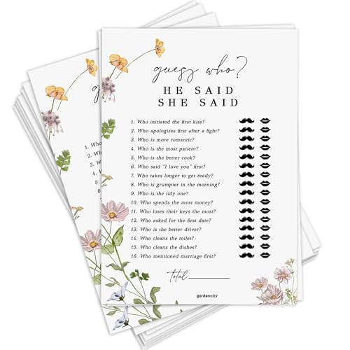 Bridal Shower Games, He Said She Said Bridal Shower Game for 50 Guests, 50 Cards, Wildflower