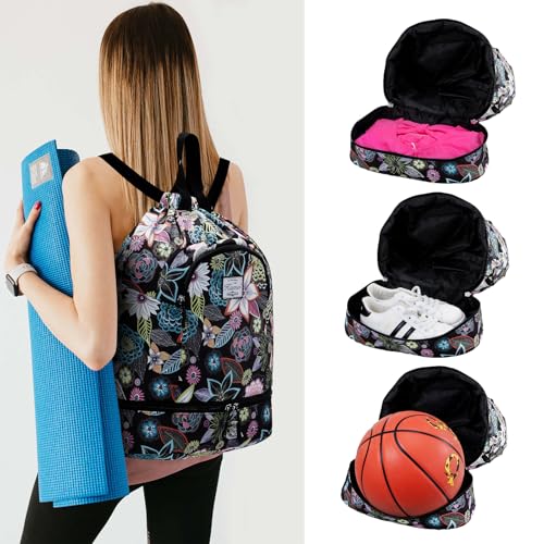 Image of Kamo Drawstring Backpack Bag - Sport Swimming Yoga Backpack with Shoe Compartment, Two Water Bottle Holder for Men Women Large String Backpack Athletic Sackpack for Travel