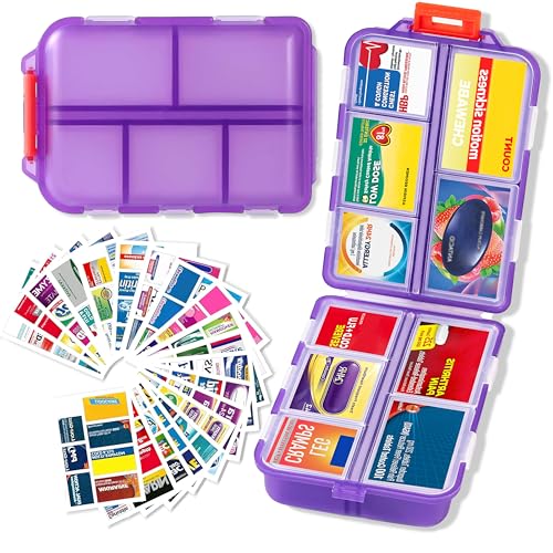Image of Extra Large Pill Organizer with 161 Medicine Labels, Travel Pill Case | Purple Extra large case with 10 compartments for 7-day pill planning, vitamins, supplements, and travel