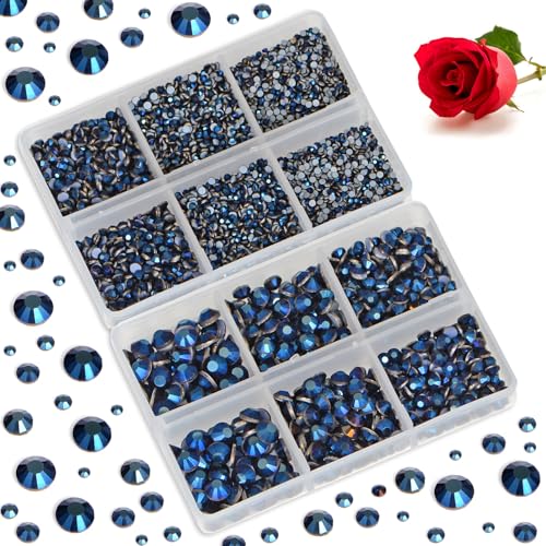 Image of Bymitel Hotfix Crystal Rhinestones Round Gems for Crafts,Mixed 6 Sizes with Wax Pencil Kit, Mine Blue 1.6-6.3mm SS4-SS30 /8000pcs