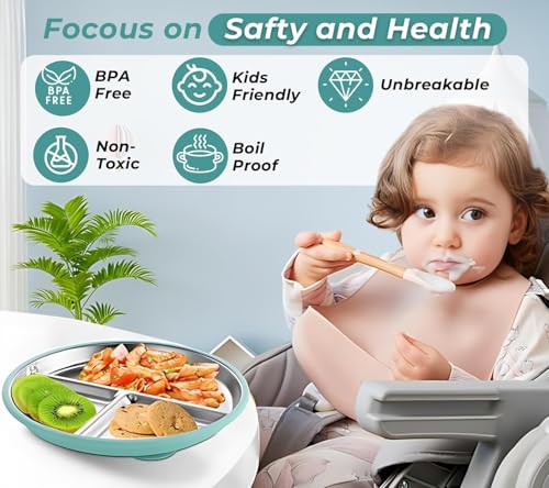 Image of NYALA Stainless Steel Baby Toddler Plates Silicone Suction, Non-Slip Baby Plates BPA Free,Unbreakable Dishwasher Safe (Pista Green)