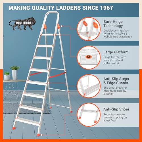 Image of Bathla Advance 8-Step Aluminium Ladder | 150 Kg Load Capacity | Anti-Slip Steps | Sure-Hinge Technology | Home Use Step Ladder | 5 Year Warranty