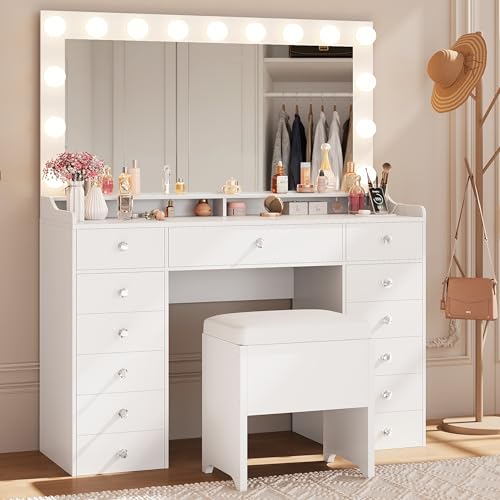 IRONCK Vanity Desk with 13 Drawers, 40.9’’ Large Mirror and