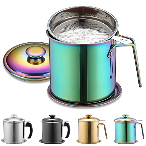 Berglander Contenedor de grasa de tocino arco iris con filtro 1.4L, colorido de titanio Contenedor de almacenamiento de aceite con tapa, a prueba de polvo