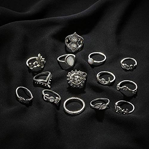 Hsarsup Bohemian Finger Rings Vintage Gold/Silver Crystal Stacking Ring Joint Knuckle Ring Set For Women Girl (Silver5) #TOP2