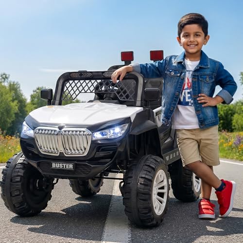 Image of Toyzone Buster Electric Jeep (White) | 12V Rechargeable Ride on with 8Ah Battery | Music Player with BT, USB & AUX | Smooth Acceleration | 6M Battery Warranty | Age 3-12 Years, Upto 50 kg