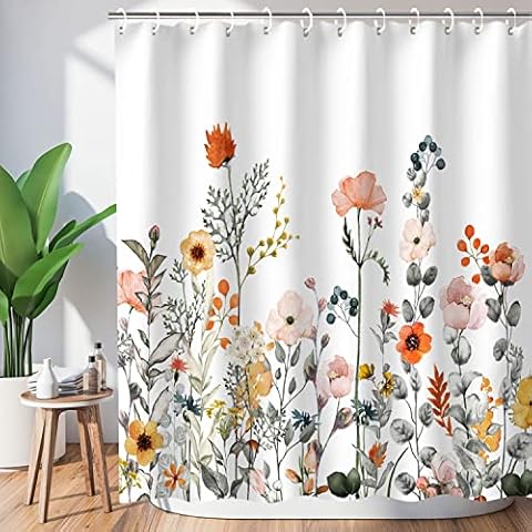 LIVILAN Floral Shower Curtains for Bathroom Flower Pretty Fabric Colorful Wildflower Flowered Shower Curtain with 12 Hooks Decorative Machine Washable, 72" W x 72" H Cover