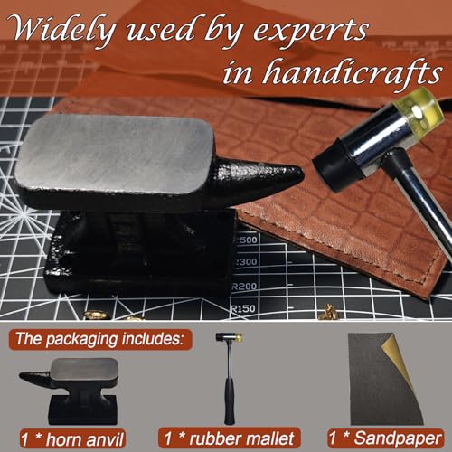 NewFe Mini Iron Horn Anvil & Hammer Set, 1.1 lb Forged Iron Anvil with Rubber Hammer, Jewelry Making Tools, Bench Block for Metal Stamping, Silversmith, Blacksmithing Horn Anvil Bench Block & Hammer